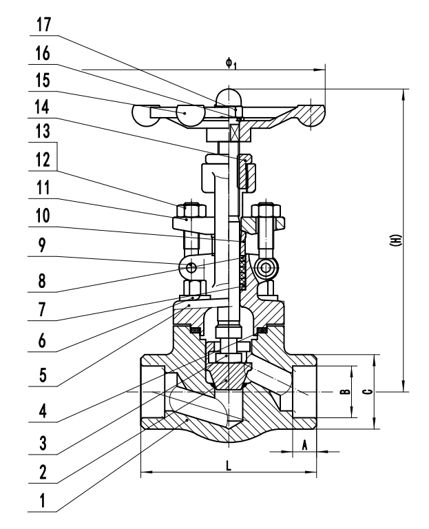 Class 800 Forged Steel Solvent Weld Globe Valve Dimensions